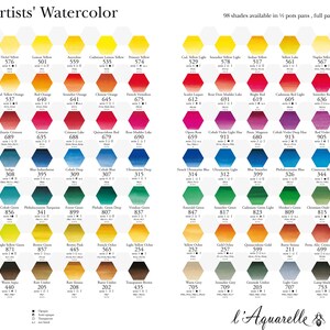 Pu&ograve; includere: Una cartella colori di 98 tonalit&agrave; di acquerello in forma esagonale. La cartella &egrave; divisa in due colonne, ciascuna con 49 tonalit&agrave;. Le tonalit&agrave; sono disposte in ordine arcobaleno, dal giallo al rosso, al blu e al verde. La cartella include il nome e il numero di ogni tonalit&agrave;. La cartella &egrave; etichettata "French Artists' Watercolor" e "L'Aquarelle SENNELIER".