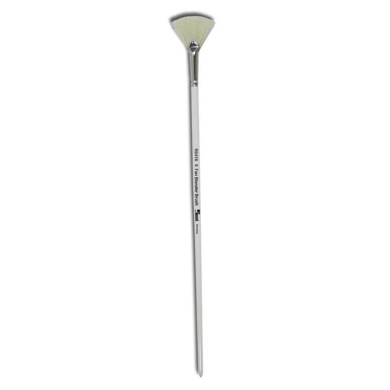 May include: A white fan brush with a long, white handle. The handle has the text "Rlx16 6 Fan Blender Brush" printed on it.