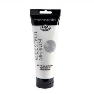 May include: A white tube of Royal Langnickel essentials iridescent medium. The tube has a black cap and a label that says "essentials" and "IRIDESCENT MEDIUM". The label also says "Mix with any acrylic paint to give colors an iridescent finish!"