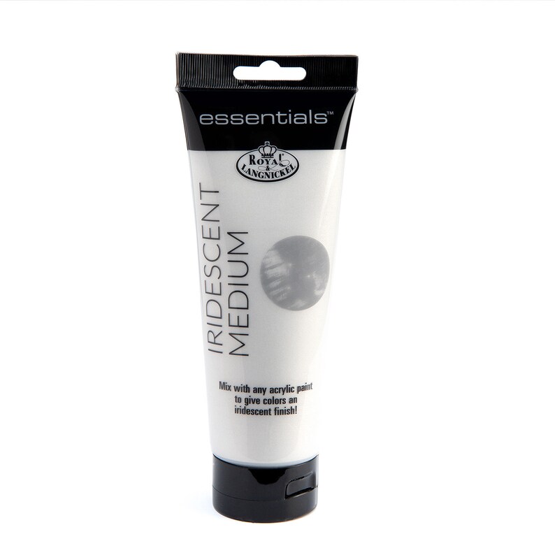 May include: A white tube of Royal Langnickel essentials iridescent medium. The tube has a black cap and a label that says "essentials" and "IRIDESCENT MEDIUM". The label also says "Mix with any acrylic paint to give colors an iridescent finish!"