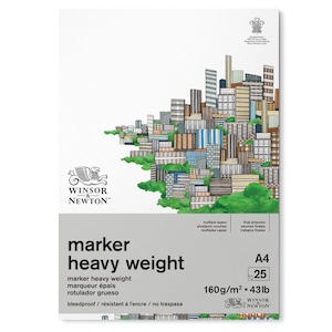 May include: A4 size Winsor & Newton marker paper pad. The cover features a colorful illustration of a cityscape. The pad is labeled "marker heavy weight" and is 160g/m² or 43lb. The paper is bleedproof.