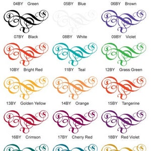 May include: A chart of 24 different colors with a decorative swirl design in each color. The colors are labeled with a number and a color name. The colors include yellow, red, magenta, green, blue, brown, black, white, violet, bright red, teal, grass green, golden yellow, orange, tangerine, crimson, cherry red, red violet, aqua, turquoise, yellow ochre, terracotta, Van Dyke brown, and sepia.
