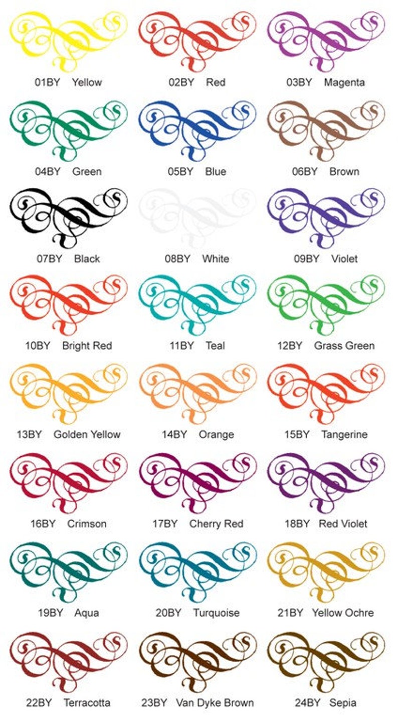 May include: A chart of 24 different colors with a decorative swirl design in each color. The colors are labeled with a number and a color name. The colors include yellow, red, magenta, green, blue, brown, black, white, violet, bright red, teal, grass green, golden yellow, orange, tangerine, crimson, cherry red, red violet, aqua, turquoise, yellow ochre, terracotta, Van Dyke brown, and sepia.