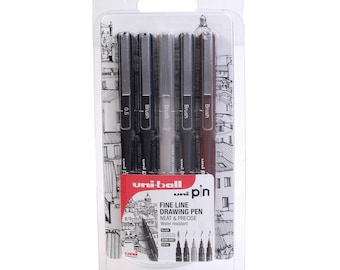 Uni-Ball Pin Fine Line Drawing Set of 5 (0.5mm Black and 4 Assorted Brush Pens)