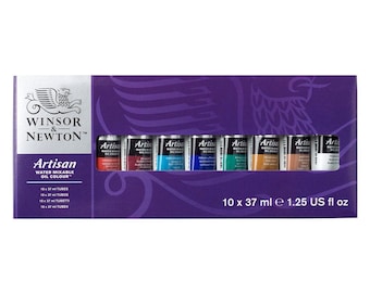 May include: A set of 10 Winsor & Newton Artisan Water Mixable Oil Colors in 37 ml tubes. The colors include Cadmium Red Hue, Permanent Rose, French Ultramarine, Phthalo Green, Raw Sienna, Burnt Sienna, Titanium White, and more.