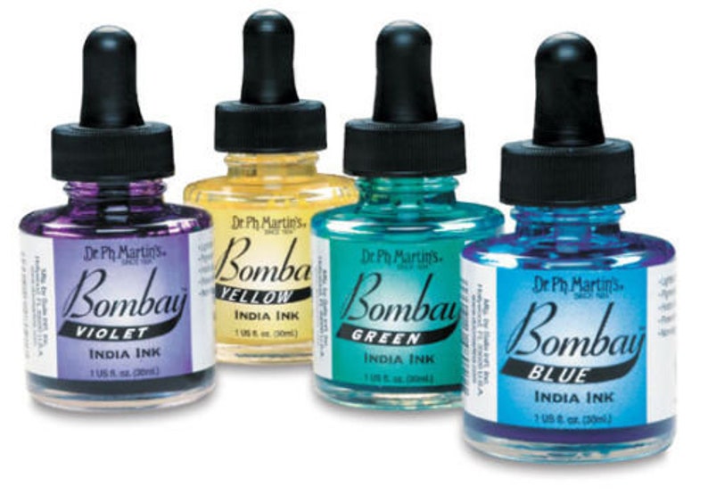 May include: Four bottles of Dr. Ph. Martin's Bombay India Ink in the colors violet, yellow, green, and blue. Each bottle is 1 fluid ounce (30 ml).