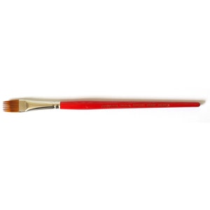 May include: A red handled paint brush with a flat, angled bristle head. The brush is labeled "Artist's Brush Series Grade:  Copper".