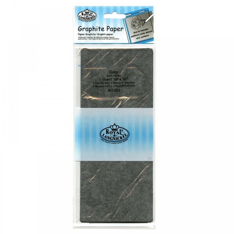 May include: A package of Royal Langnickel graphite paper. The gray sheet measures 18" x 36". The packaging includes the text "Graphite Paper" and "Gray". The package also includes a small illustration of a flower.