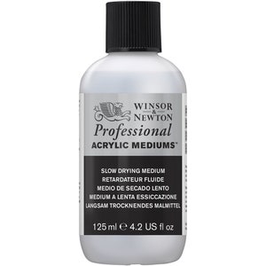 Könnte beinhalten: Eine weiße Flasche Winsor & Newton Professional Acrylic Mediums mit schwarzem Deckel. Das Etikett enthält den Text "SLOW DRYING MEDIUM" und "125 ml". Die Flasche ist für professionelle Künstler bestimmt.