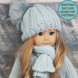 Doll Hat and Scarf Pattern, 18 Inch Doll Beanie Pattern, Doll hat PDF, Knitting for Dolls, Doll knitting Pattern, Doll Slouchy Hat and Scarf