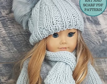 Doll Hat and Scarf Pattern, 18 Inch Doll Beanie Pattern, Doll hat PDF, Knitting for Dolls, Doll knitting Pattern, Doll Slouchy Hat and Scarf