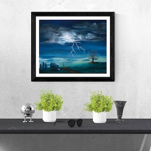 May include: A framed painting of a dark, stormy landscape with a single lightning bolt striking in the distance. A lone tree stands in the foreground, with a small village in the background.