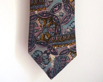 Corbata de seda Maestro by Striessnig, estampado en lavanda, azul marino, azul claro y beige, corbata de diseño, accesorios de alta costura vintage para hombre