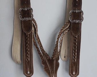 Tirantes de lederhosen bávaro, arnés de dirndl de gamuza marrón trenzada, traje folclórico vintage de Oktoberfest de talla grande