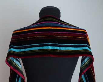 Oblong silk velvet stole, orange turquoise pink burgundy olive blue stripes on black background cocktail scarf, vintage fashion accessories