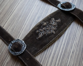 Bavarian lederhosen suspenders, dark chestnut suede harness, ornate buckles, large size, vintage dirndl fashion