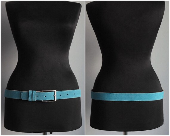 Turquoise  thick suede belt, rectangular silver b… - image 3