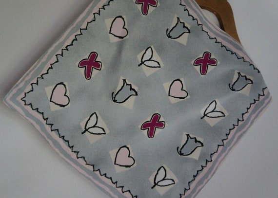 Small square light gray polyester scarf, purple c… - image 1