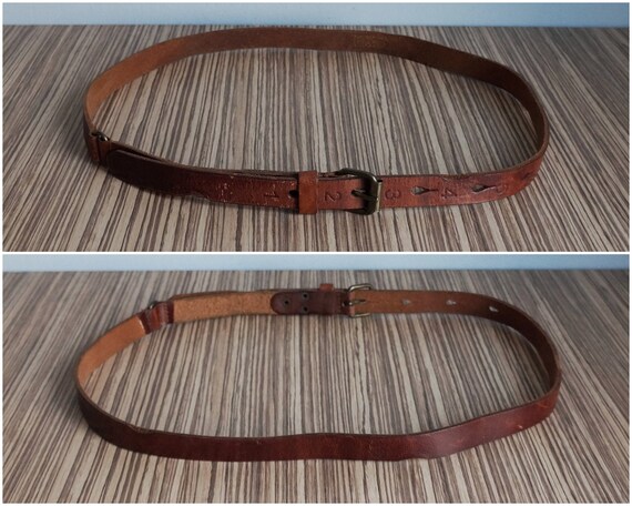 Narrow dark brown thick leather belt, numbered ho… - image 4