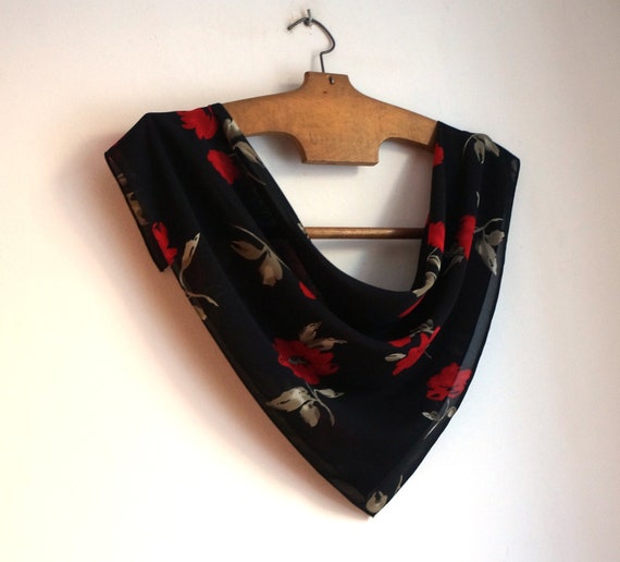 Polyester veil square scarf, red wild roses with … - image 8