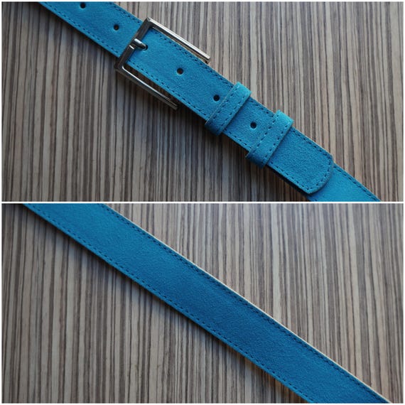 Turquoise  thick suede belt, rectangular silver b… - image 4
