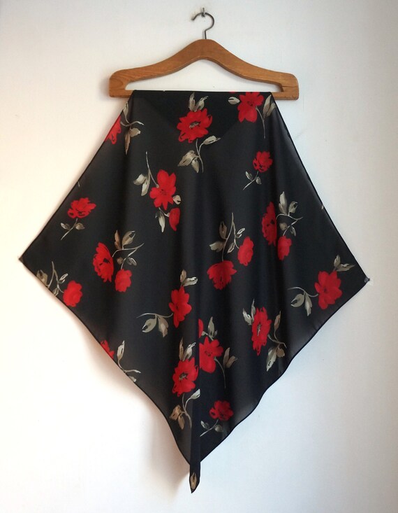 Polyester veil square scarf, red wild roses with … - image 6