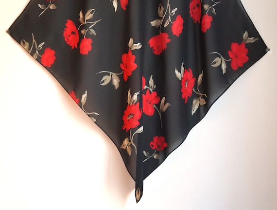 Polyester veil square scarf, red wild roses with … - image 3