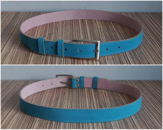 Turquoise  thick suede belt, rectangular silver b… - image 6