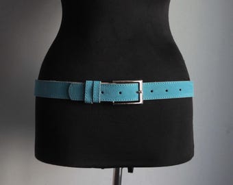 Cinturón grueso de ante turquesa, hebilla plateada, doble ojal, talla grande y mediana, accesorios vintage