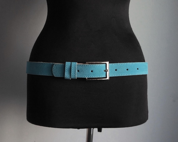 Turquoise  thick suede belt, rectangular silver b… - image 1