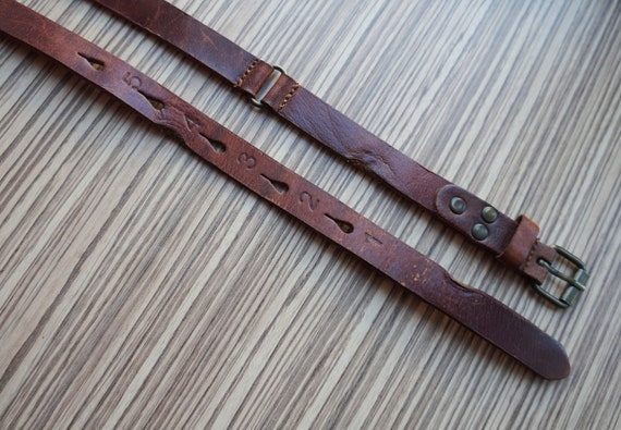 Narrow dark brown thick leather belt, numbered ho… - image 9