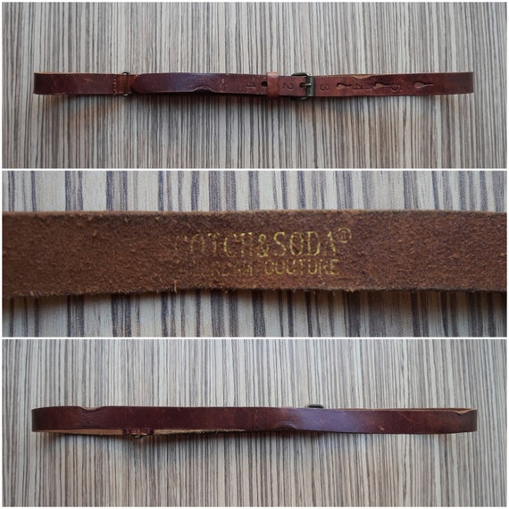 Narrow dark brown thick leather belt, numbered ho… - image 2