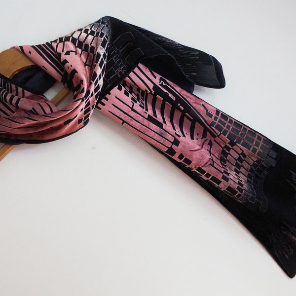 Oblong silk velvet stole, powder pink and black skyscrapers silhouettes narrow cocktail scarf, vintage fashion accessories