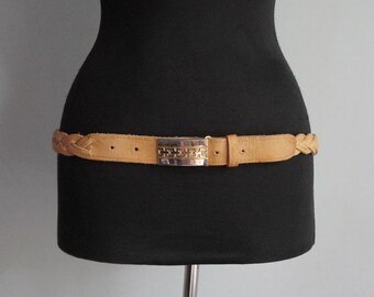 Braided tan brown leather belt, golden pin buckle, rustic belt, large size, vintage accessories