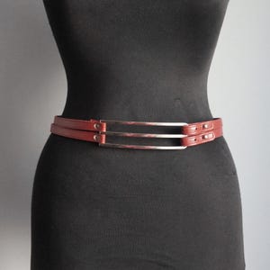 Double strap narrow dark red leather belt, waist belt, oblong chrome pin buckle, small size, vintage fashion accessories