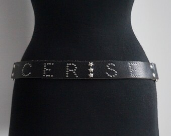 Vintage CERISE black leather belt, silver stars rivets logo, round buckle, medium size