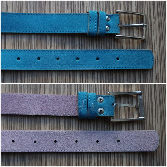 Turquoise  thick suede belt, rectangular silver b… - image 9