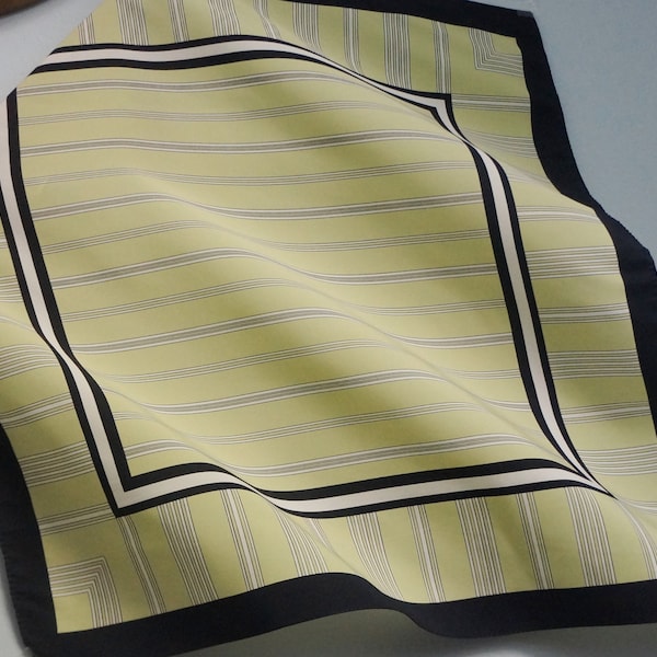 Small square pale lime green polyester scarf, white and black stripes and border print kerchief, vintage fashion accessories