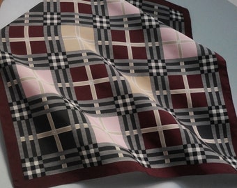 Bufanda pequeña cuadrada de poliéster a cuadros, pañuelo con estampado de tartán en burdeos, rosa, beige, blanco y negro, accesorios vintage