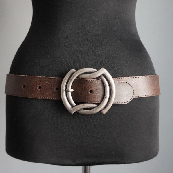 Dark brown thick leather belt with beautiful patina, distress silver Celtic style buckle, medium size, vintage fashion accessories
