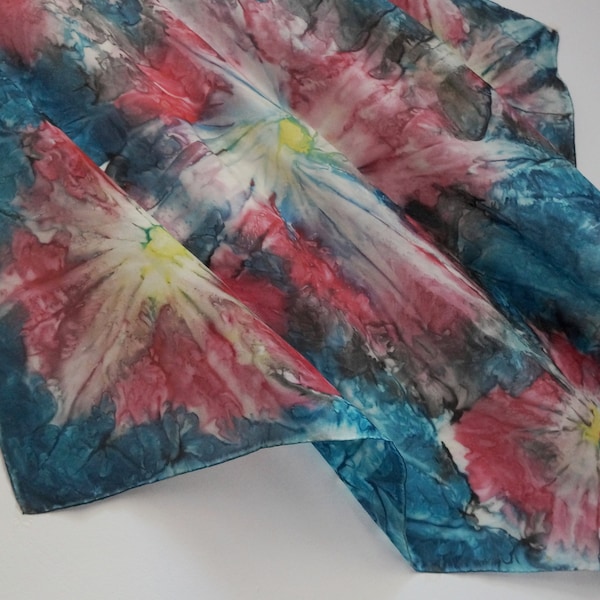 Tie dye square silk scarf, dark pink flowers on blue teal background hand dyed scarf, hand stitched hem shawl, vintage fashion accessories