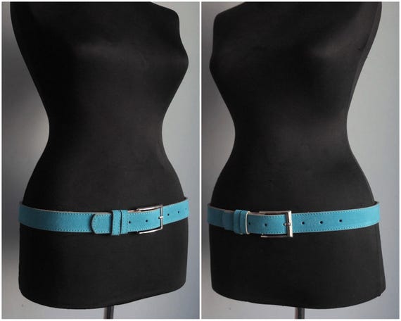 Turquoise  thick suede belt, rectangular silver b… - image 7