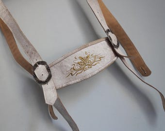 Bavarian lederhosen suspenders, distress white leather harness, ornate buckles, M-L size, vintage dirndl fashion