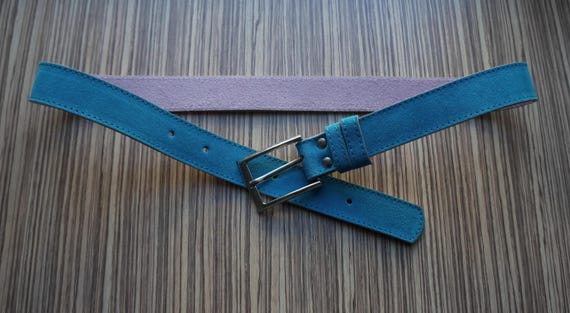 Turquoise  thick suede belt, rectangular silver b… - image 8