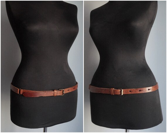 Narrow dark brown thick leather belt, numbered ho… - image 7