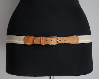 Cinturón safari, cinta de algodón beige, cuero marrón claro, hebilla plateada, talla grande, accesorios vintage