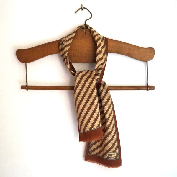 Ermenegildo Zegna cotton ascot, beige and brown striped narrow tie scarf, double sided, men's vintage classic casual accessories