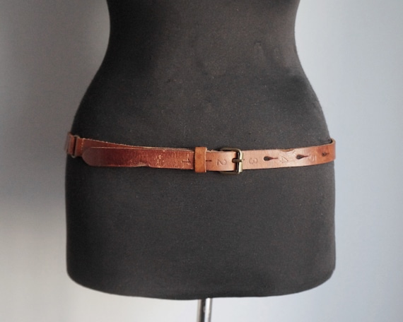 Narrow dark brown thick leather belt, numbered ho… - image 1
