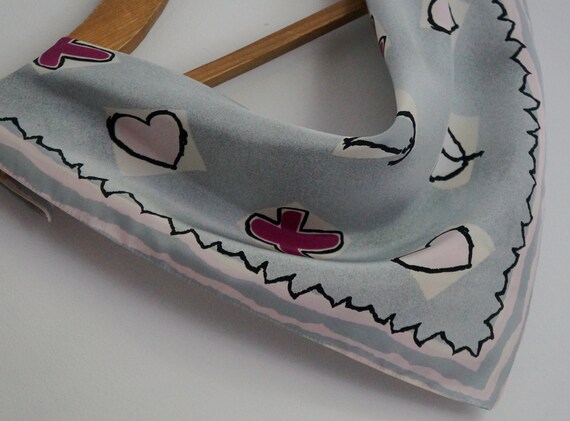 Small square light gray polyester scarf, purple c… - image 7