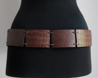 Fringed knot-tie low waist belt, brown vegan faux leather crocodile embossed squares, coated cotton cord, medium size, vintage accessories